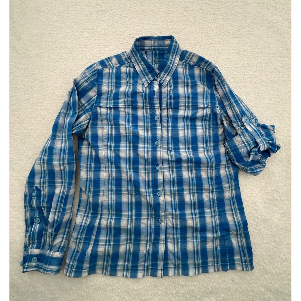 LL Bean Womens Blue Plaid Technical Hiking Fishing Shirt Roll Tab Sleeve Small